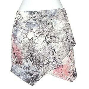Michaela Mini Skirt Women Size S Pink Grey Tree Print Asymmetrical Tulip Hem